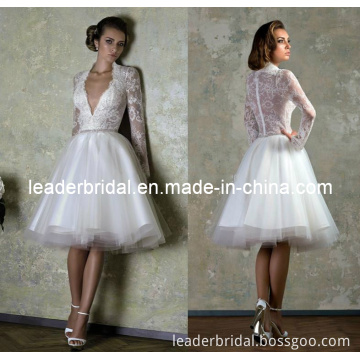 Sheer Lace Wedding Dress A-Line Deep V-Neckline Full Long Sleeves Lace Tulle Short Beach Wedding Dresses H147237